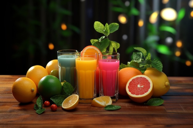Des jus de différentes couleurs sur une table en bois accompagnés d'une tranche de citron et de feuilles vertes