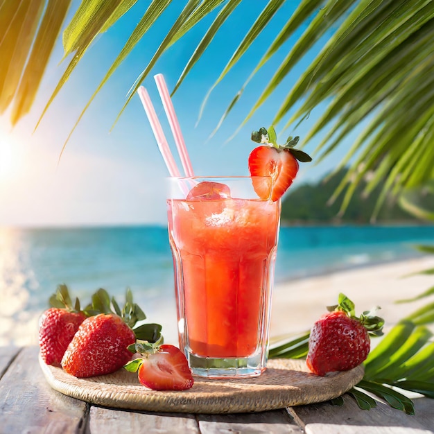 jus de fraise dans un verre avec fond de plage