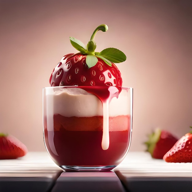 Jus de fraise avec du lait et une tasse sur la table