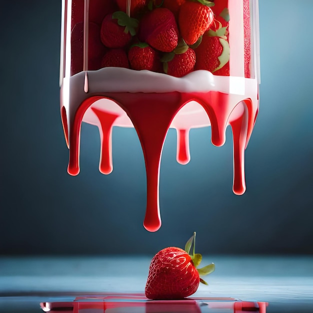 Jus de fraise avec du lait et une tasse sur la table