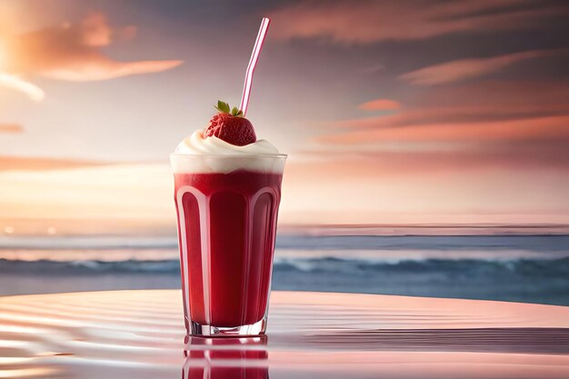 Jus de fraise avec du lait et une tasse sur la table