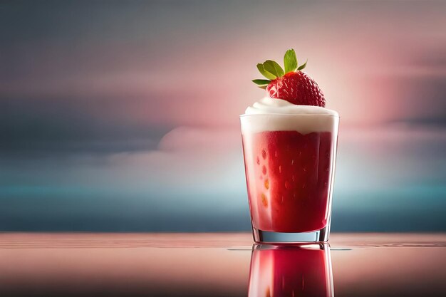 Jus de fraise avec du lait et une tasse sur la table