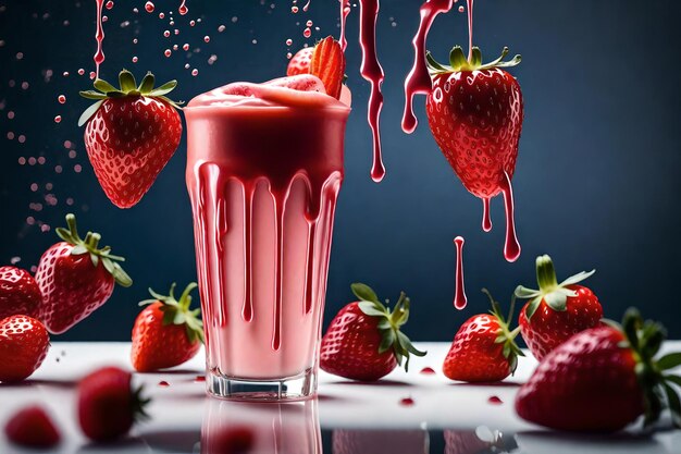 Jus de fraise avec du lait et une tasse sur la table