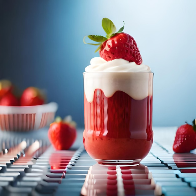 Jus de fraise avec du lait et une tasse sur la table