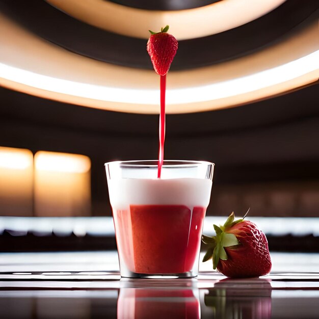 Jus de fraise avec du lait et une tasse sur la table