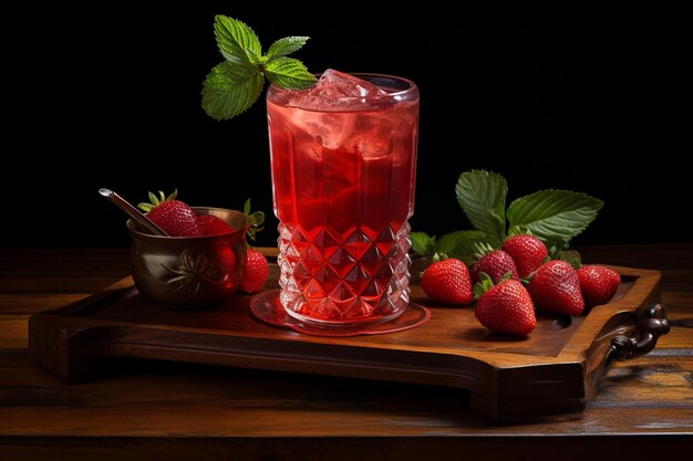 Jus de fraise avec des fraises crues sur un morceau de bois