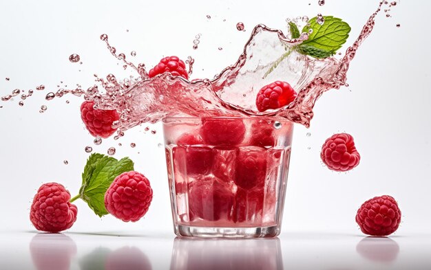 "Jus de framboise en cascade de verre sur fond blanc"