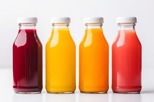 Des jus de fruits colorés dans des bouteilles.