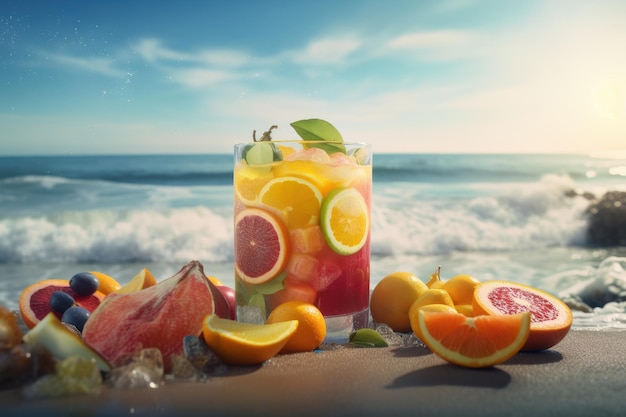 Jus de fruits frais sur fond de mer et de plage Boisson saine riche en vitamines Generative Ai