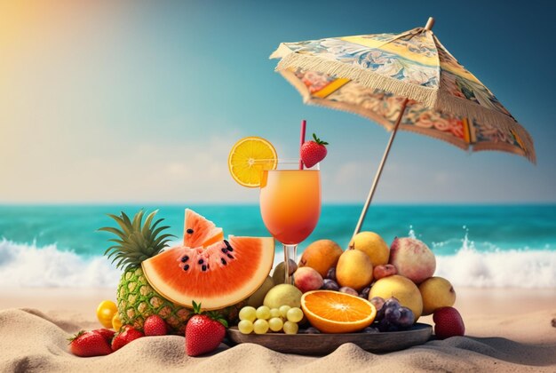 Jus de fruits frais avec fruits et parapluie sur fond de plage Fond de vacances d'été générative ai