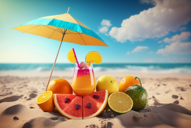 Jus de fruits frais avec fruits et parapluie sur fond de plage Fond de vacances d'été générative ai