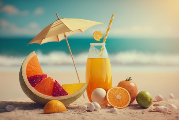 Jus de fruits frais avec fruits et parapluie sur fond de plage Fond de vacances d'été générative ai