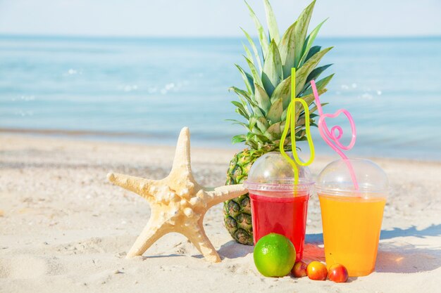 Jus de fruits frais et sains, fruits, ananas, melon d'eau, sur le sable contre la mer