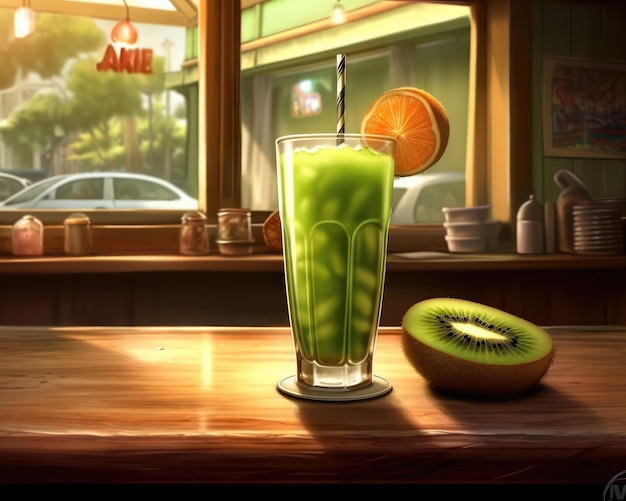 Jus de kiwi avec éclaboussures de kiwis dans un restaurant de fond de studio avec jardin