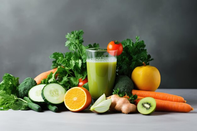 Jus de légumes savoureux et ingrédients frais sur une table pâle