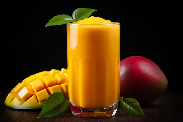 Jus de mangue dans un verre et fruit de mangue