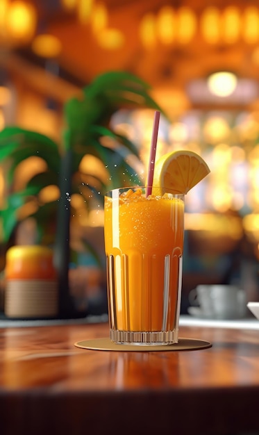 Jus de mangue avec éclaboussures de mangue dans un restaurant de fond de studio avec jardin