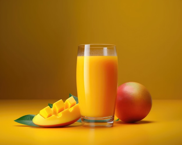 Jus de mangue avec éclaboussures de mangue dans un restaurant de fond de studio avec jardin