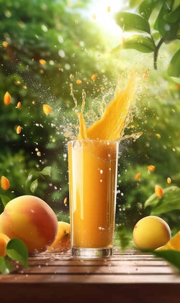 Jus de mangue avec éclaboussures de mangue dans un restaurant de fond de studio avec jardin