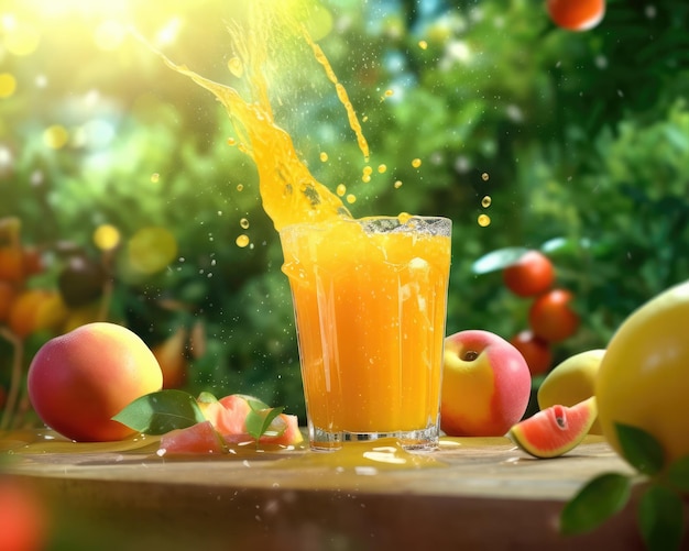 Jus de mangue avec éclaboussures de mangue dans un restaurant de fond de studio avec jardin