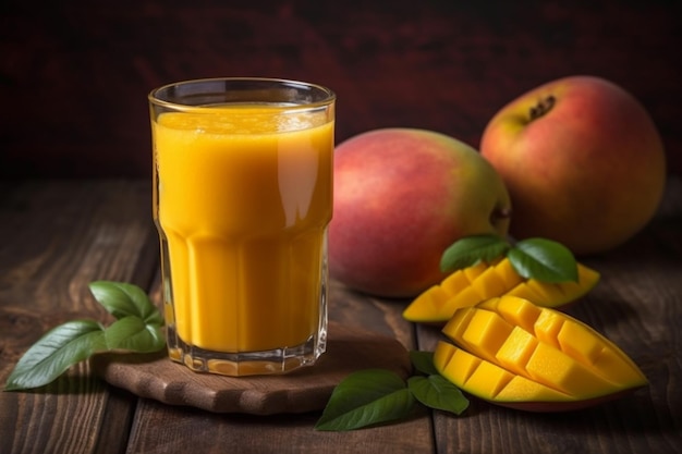 Jus de mangue sur une table en bois avec des mangues et des feuilles