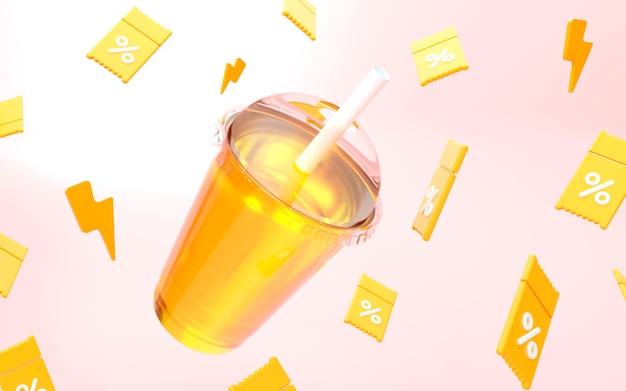 Jus d'orange 3d dans une tasse en plastique avec une paille avec des coupons jaunes volants sur fond rose