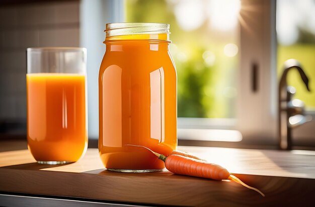 Photo jus d'orange et de carotte dans un pot en verre et une tasse en verre sur une table en bois lavé des carottes fraîches