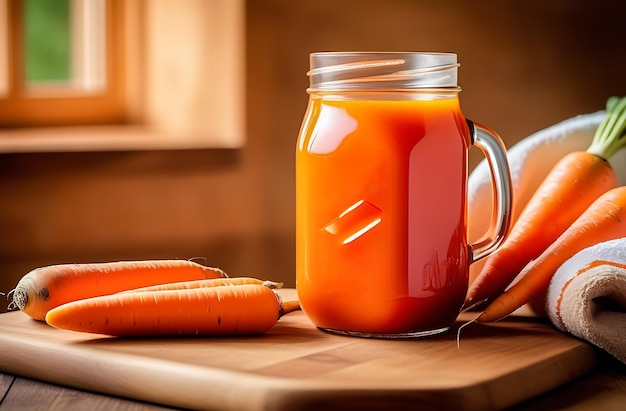 Photo jus d'orange et de carotte dans un pot en verre et une tasse en verre sur une table en bois lavé des carottes fraîches
