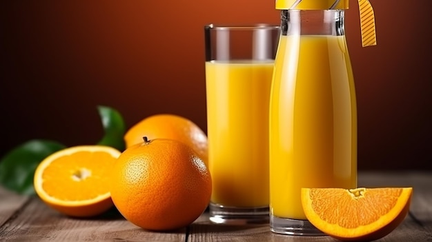 Jus d'orange dans un verre et une bouteille de jus d'orange sur une table.