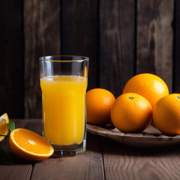 Jus d'orange dans un verre de fruits frais sur fond de bois IA générative