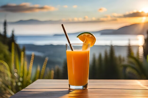 jus d'orange dans un verre avec une paille en arrière-plan