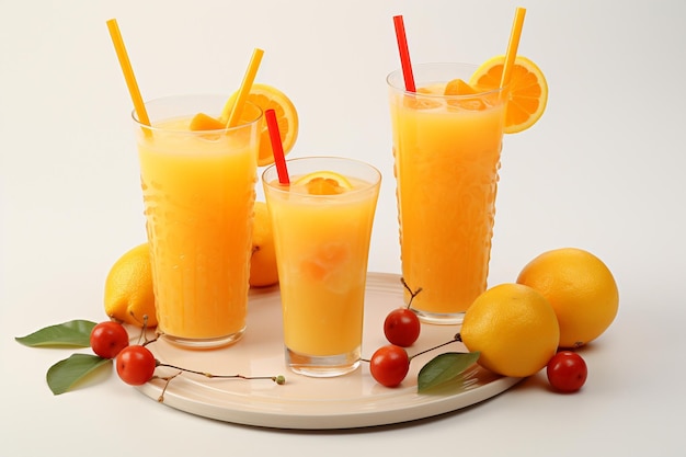 Jus d'orange dans des verres et fruits d'oranges sur surface blanche