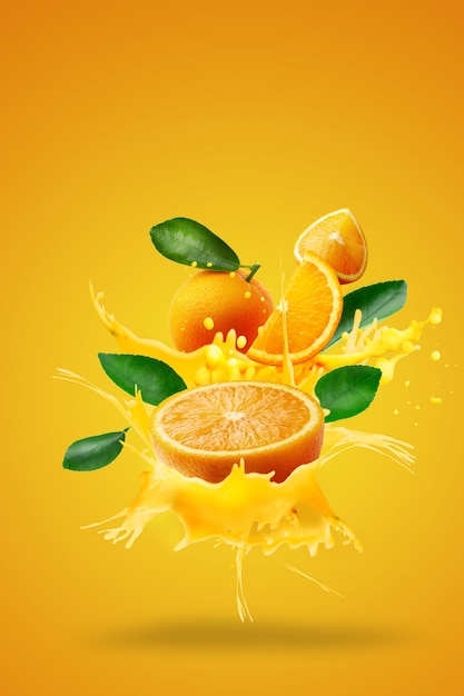 Photo jus d'orange éclaboussant sur fresh tranché sur orange