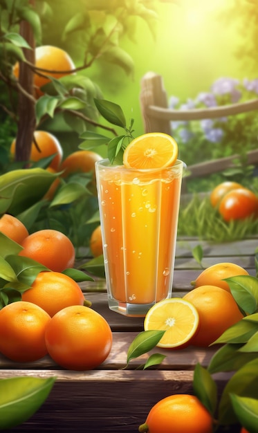 Jus d'orange avec éclaboussures de fruits orange dans un restaurant de fond de studio avec jardin