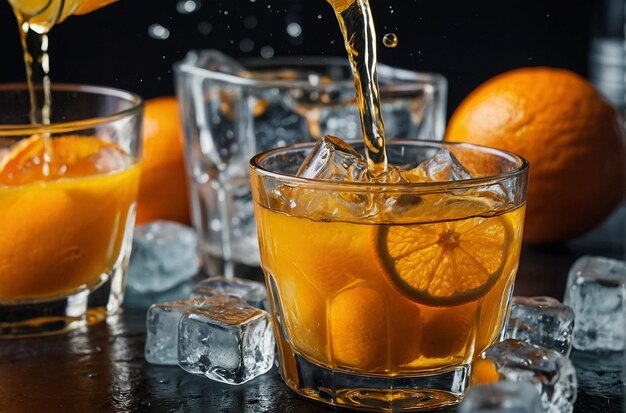 Le jus d'orange est versé sur un cube de glace.