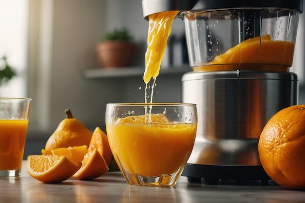 Le jus d'orange est versé dans un mélangeur avec de l'autre