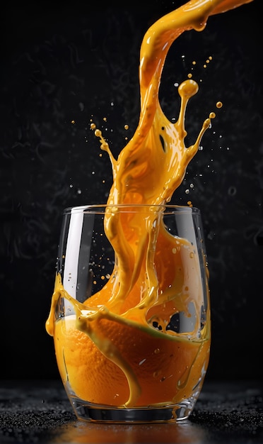 Le jus d'orange est versé dans un verre.