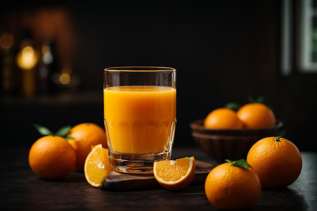 Jus d'orange frais dans le verre sur fond sombre