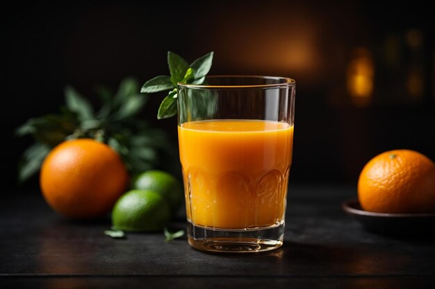 Jus d'orange frais dans le verre sur fond sombre