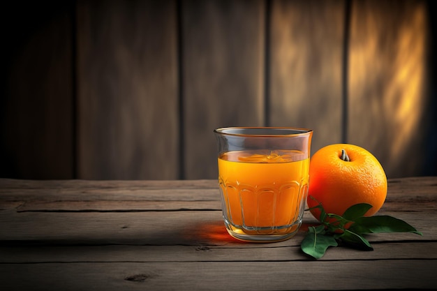 Jus d'orange frais dans un verre de nature morte sur une table en bois vintage avec arrière-plan de l'espace de copie