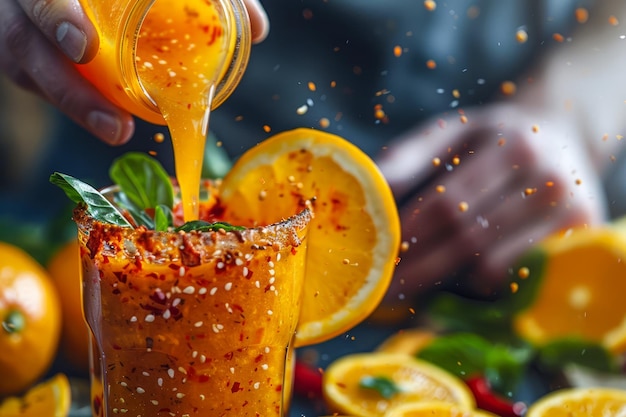 Le jus d'orange frais est versé dans un verre et saupoudré de sel au chili entre des tranches d'agrumes