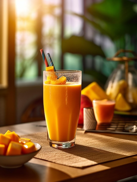 Jus d'orange frais avec une touche de mangue et de noix de coco Prise de vue en contre-plongée IA générative