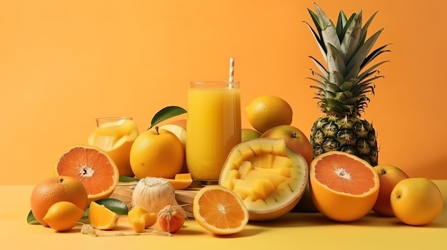 Jus d'orange et fruits tropicaux juteux sur un fond de couleur claire Generative Ai