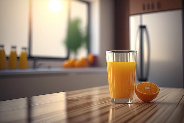 Jus d'orange sur table en bois IA générative