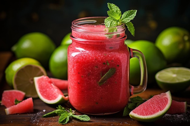 Jus de pastèque dans un pot Mason avec un coin de citron vert