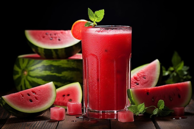 Jus de pastèque dans un verre avec un coin de pastéque