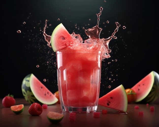 Jus de pastèque avec éclaboussures de fruits pastèque dans un restaurant de fond de studio avec jardin