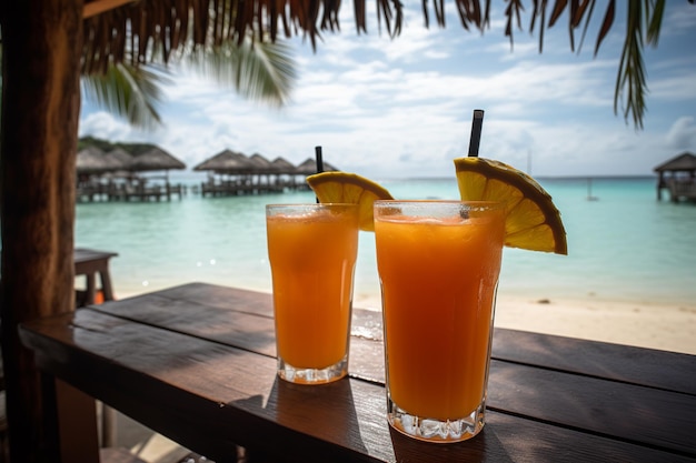 Jus de plage rafraîchissant avec des eaux cristallines et des palmiers en arrière-plan Generative AI