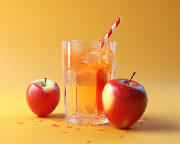 Jus de pomme avec éclaboussures de fruits Apple dans un restaurant de fond de studio avec jardin