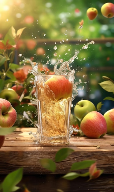 Jus de pomme avec éclaboussures de fruits Apple dans un restaurant de fond de studio avec jardin